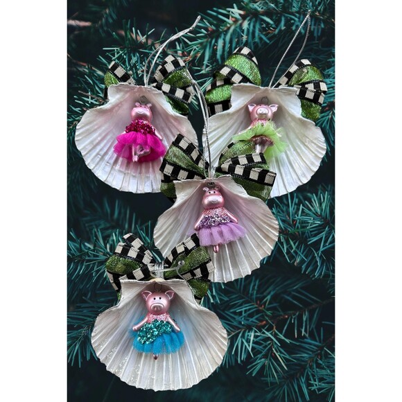 Handmade Seashell Christmas Ornaments – Pig & Hippo Ballerinas, Set of 4 - Picture 1 of 5